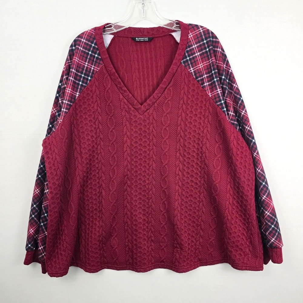 Bloomchic V-neck Long Sleeve Plaid Solid Print Women Sweater Burgundy 18/20